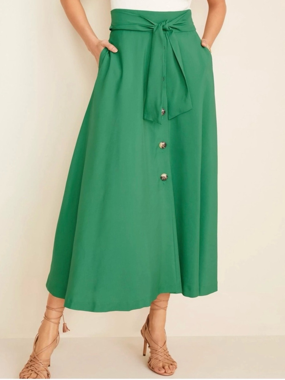 Ann Taylor Emerald Green Tie-Waist Midi Skirt with Front Buttons